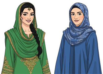 Two Women in Traditional Islamic Clothing Wearing Different Styles and Colors Vector Illustration