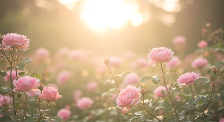Beautiful pink roses blooming in garden during golden hour light