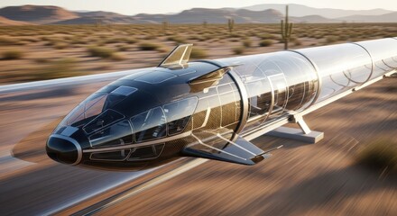 Futuristic passenger capsule travels at high velocity through an elevated transport tube across a desert landscape