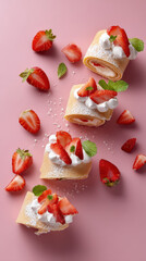 Strawberry cream rolls topped with whipped cream, fresh mint, and sliced strawberries on a pink background with powdered sugar
