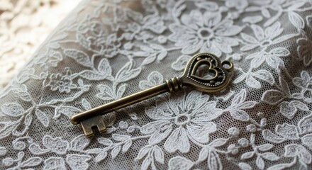 Valentine Day Vintage style key with heart shape on lace fabric .Love, valentine, love, romance, romantic,