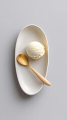 Creamy vanilla ice cream scoop with a wooden spoon served on a round white plate against a minimalistic gray background