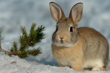 Fototapeta premium Close-up of a small fluffy bunny in the snow. Cute wild rabbit portrait in a winter nature setting