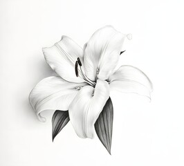 Elegant white lily flower with delicate petals and dark leaves on white background