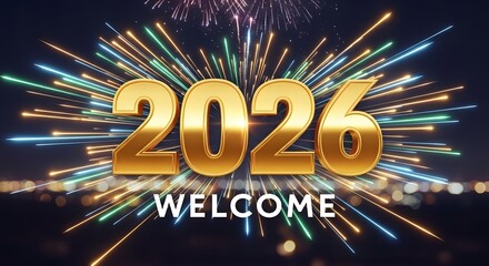 2026 welcome text with festive fireworks and bokeh lights