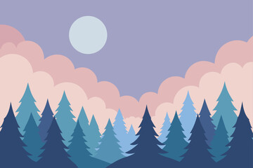 Fototapeta premium Winter mountain landscape vector illustration with snow, pine trees, and blue sky