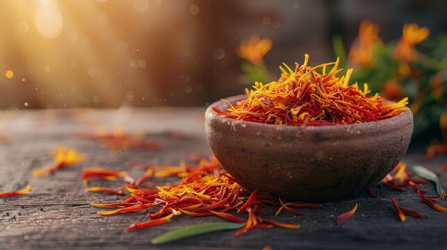 Stunning image of vibrant saffron threads displayed in a ceramic bowl illuminated by natural light