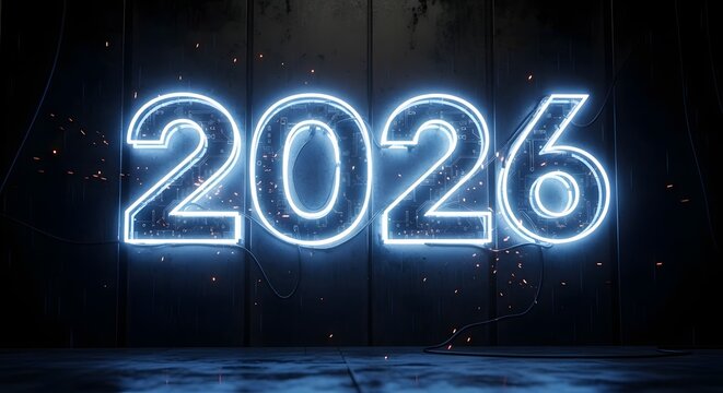 Neon 2026 numbers glow with futuristic circuit board design, sparks fly