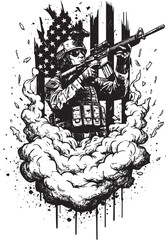 Obraz premium American Soldier in Action Silhouette Illustration with Grunge Effect and United States Flag Backdrop a Patriotic Vector Design