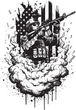 American Soldier in Action Silhouette Illustration with Grunge Effect and United States Flag Backdrop a Patriotic Vector Design