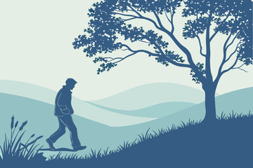 Man Walking in Landscape Print | Blue Minimalist Nature Art