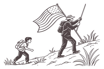 Father & Son with US Flag Print | Patriotic Hiking Art