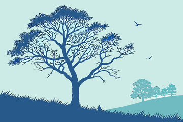 Blue Tree & Flying Birds Print | Serene Landscape Art