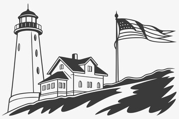 Lighthouse & American Flag Print | Coastal Nautical Art