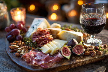 magine Elegant charcuterie board with artisanal cheeses, grapes, figs, nuts, and cured meats, paired with red wine in crystal glass, warm romantic lighting, rustic-luxury aesthetic. 