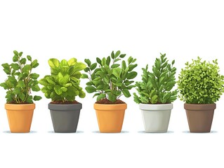 Obraz premium Row of five potted culinary herbs in colorful containers isolated on white background, ready for kitchen garden or indoor growing.