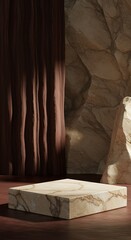 Elegant Marble Display Stand with Rock and Fabric Backdrop For Products