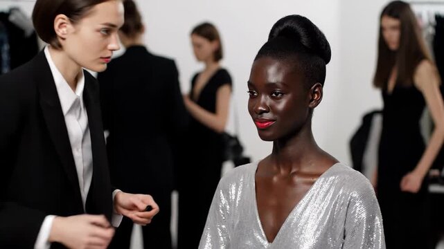 Skilled makeup artist meticulously applying bold red lipstick to a sophisticated black fashion model with a stylish updo in preparation for a fashion runway presentation