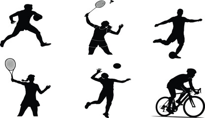 Silhouette collection of athletes playing various sports on white background
