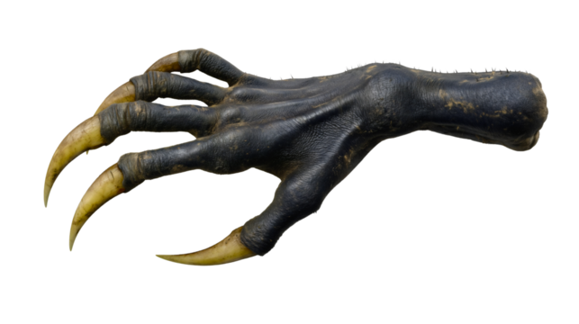 A side view of a demon hand with sharp claws isolated on a white background, a scary monster limb reaching, a dark creature arm with talons, a horror fantasy object.