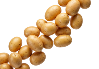 A diagonal cascade of fresh, small, light brown new potatoes tumbling across a stark transparent background, isolated on transparent background