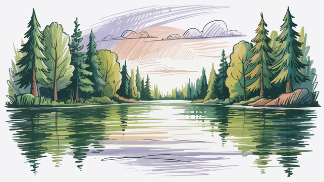 Serene lake scene with watercolor style evergreens and reflections creates feeling of peace and tranquility, great for eco-friendly brand or nature blog