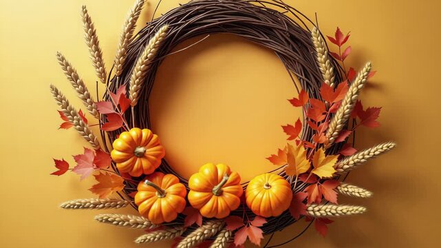 Rustic wreath with mini pumpkins, wheat, and fall leaves. Autumn decoration for Thanksgiving holiday celebration.