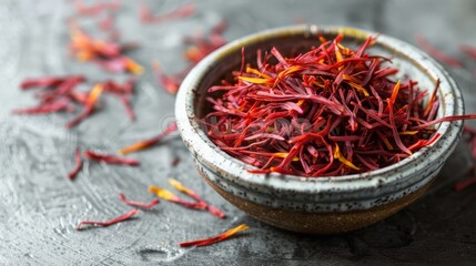 Fototapeta premium Stunning display of saffron threads in a ceramic bowl illuminated by natural light