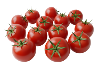 A cluster of ripe, fresh, red tomatoes with green stems, isolated on transparent background