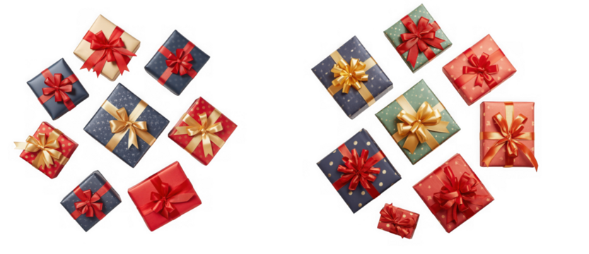 Two distinct groups of colorful gift boxes with festive bows, ideal for holidays, isolated on transparent background