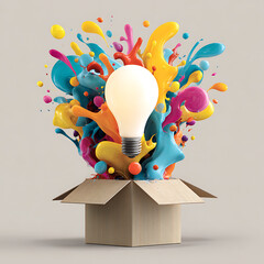 Box opening with light bulb and colorful abstract shapes bursting out, thinking outside the box concept.