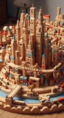 Fototapeta premium Intricate arrangement of natural wooden blocks forms a miniature urban landscape with elevated transportation routes