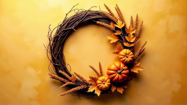 Autumn wreath with pumpkin and fall leaf on yellow background. Thanksgiving holiday decoration and harvest celebration.