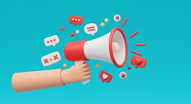 Hand holding megaphone with speech bubbles and stars communication concept