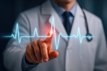 Health pulse and diagnosis: A medical professional, with focused precision, interacts with a visual representation of a patient's heartbeat, indicating the vital link between expertise and healthcare