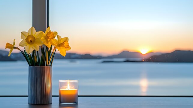 Yellow daffodils in metallic vase and glowing candle on windowsill overlooking serene lake at sunset with mountain silhouettes in background. - Powered by Adobe