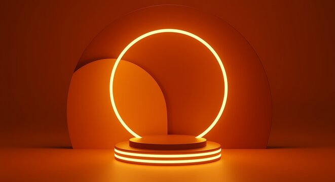 Illuminated podium with ring light and semi circle backdrop in orange
