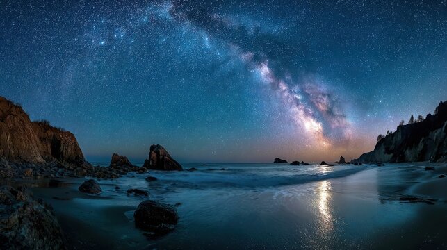 Stunning Night Sky Over Coastal Landscape with Milky Way Reflection on Calm Water at Beach in a Serene Natural Setting - Powered by Adobe