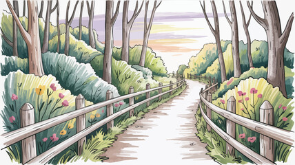 Winding path through a colorful forest, inviting outdoor adventure and tranquil nature walks with vibrant flowers and lush greenery, ideal for wellness brands