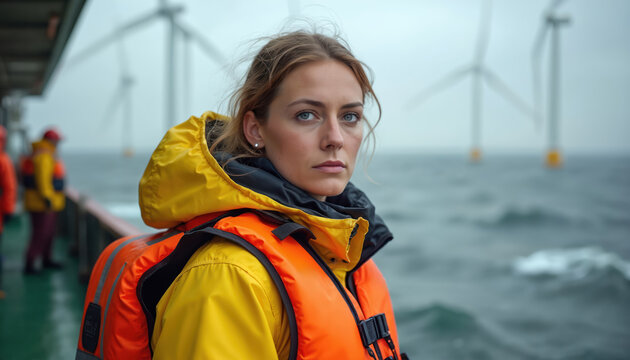 Female technician in safety gear on offshore wind farm. Woman wears orange life vest, yellow jacket. Stands on boat with wind turbines in background. Technicians work on sea. Ocean waves crash.
