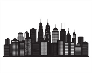 Obraz premium Black and white city skyline silhouette illustration with modern skyscrapers and tall buildings, urban downtown cityscape design for architecture, real estate, travel, business, and metropolitan theme