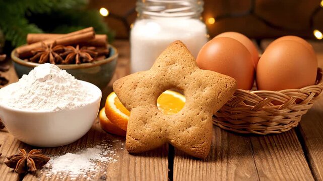 Classic holiday baking setup featuring all the essential ingredients for making gingerbread cookies flour, eggs, and a variety of spices set against a backdrop of a vintage wooden table