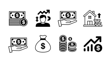 Financial and investment icons set: money, growth, real estate