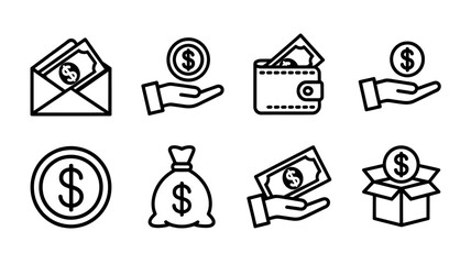 A set of line art icons related to money, finance, and banking
