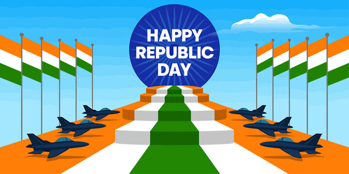 Happy republic day celebration with indian flags and fighter jets - Powered by Adobe