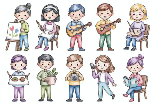 Diverse group of adorable cartoon kids pursuing creative hobbies like painting, gardening, music, photography, baking, and reading for learning and fun