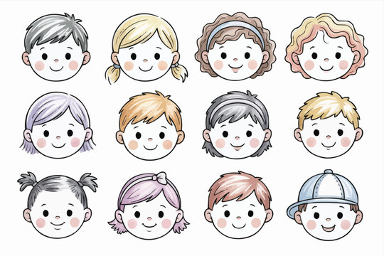 Diverse cartoon kids smiling sweetly, perfect for educational materials, children's books, and playful designs with cheerful, happy, and inclusive themes