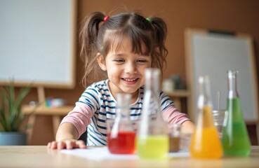 Cute preschool girl plays with colorful liquids in science lab flasks. Happily learns chemistry during homeschooling activity, acting as pretend scientist. Young child smiles enjoying fun educational