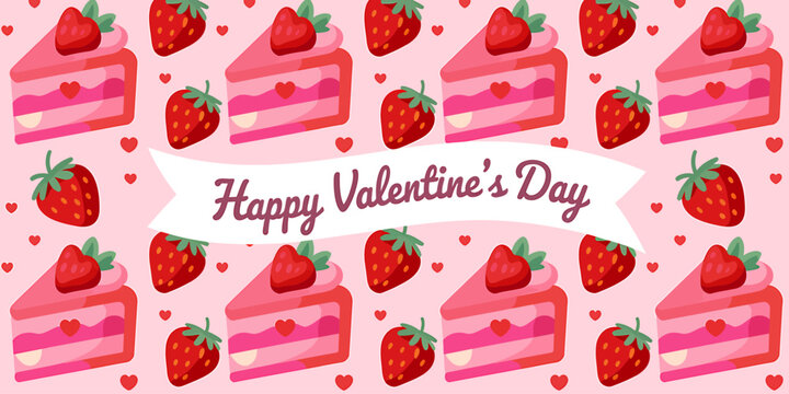 Valentine's day sweet pattern with cake slices and strawberries