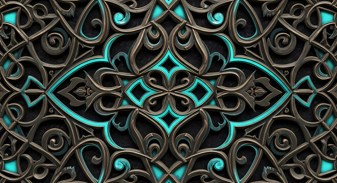 Ornate metalwork pattern with turquoise accents creating an intricate symmetrical design element